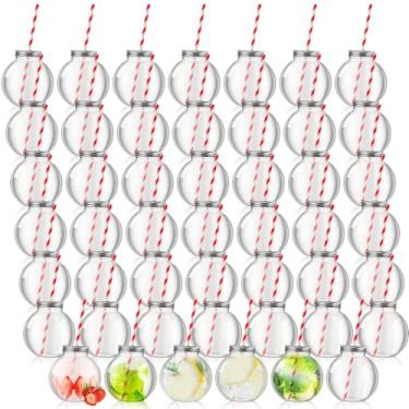 Imagem de Yaomiao 48 peças de mini tigela de peixe de plástico de 293 ml para bebidas, garrafas de poção esféricas transparentes com tampas e canudos, copos de lâmpada para decorações de festa de doces de Natal