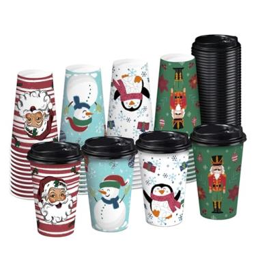 Imagem de RUSPEPA Copos de café de papel descartáveis com tampas 473 ml - pacote com 48 copos de papel impresso, design de soldado quebra-nozes e boneco de neve, estilo de papel espesso para bebidas