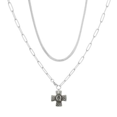 Imagem de MANZHEN Colar de cruz grossa para mulheres, pingente de cruz com inicial em camadas, vintage, clipe de papel, espinha de peixe, gargantilha de cobra, joia de fantasia, 18 Inches, Metal, Sem Pedra