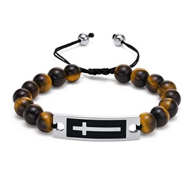 Imagem de Rockyu Pulseiras masculinas pretas hipoalergênicas de aço inoxidável com contas de oração, acessório de placa cruzada, presente de Natal, aço inoxidável