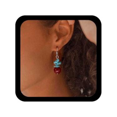 Imagem de TseanYi Brincos pendentes de contas turquesa, irregulares, azul, turquesa, brincos étnicos vermelhos, brincos de gota de pedra crua natural, brinco de gancho, joia feminina
