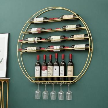 Imagem de HGTRH Rack de vinho montado na parede com suporte de vidro, suporte de vinho montado na parede, rack de vinho redondo de metal com suporte de taça, organizador de armazenamento de vinho para bar