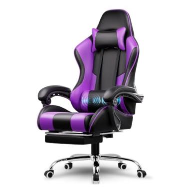 Imagem de HGTRH Cadeira de jogos com apoio para os pés, cadeira ergonômica para computador com apoio de cabeça massagem lombar apoio de cabeça 90°-135° reclinável ajustável 360° giratório preto e roxo