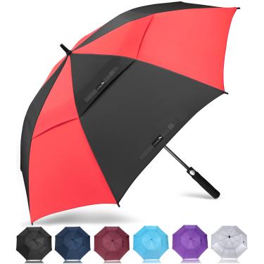 Imagem de ZOMAKE Guarda-chuva de golfe grande 162 cm – Guarda-chuvas de golfe ventilados com dossel duplo para chuva, à prova de vento, abertura automática, carrinho de golfe, guarda-chuva grande para homens e mulheres (preto/vermelho)
