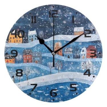 Imagem de JUZIHAI Relógio de parede com padrão de inverno, silencioso, redondo, sem tique-taque, operado por bateria, fácil de ler, relógio decorativo de parede para casa, cozinha, sala de estar, quarto