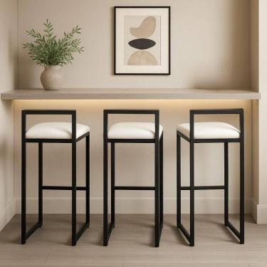 Imagem de Kit 3 Banquetas Corino Ferro Cozinha Balcão Alta Bistro Branco