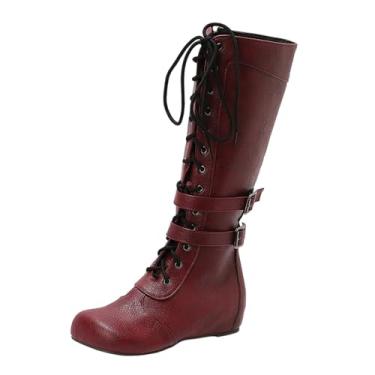 Imagem de Botas femininas casuais versáteis com fivela de cinto com zíper lateral com cadarço e salto baixo cano médio para outono inverno design atraente e confortável, Vinho vinho, 38