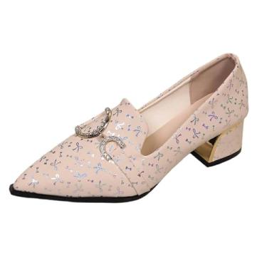 Imagem de Sapato feminino casual bico fino fundo macio diamante diamante fivela de metal salto moderno sem cadarço design confortável, Branco, 36