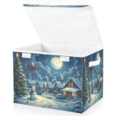 Imagem de Blueangle Cestos de armazenamento de cena noturna de Natal com tampas, 42 x 32 x 30 cm, grande cesta organizadora dobrável para decoração de casa e escritório (300)
