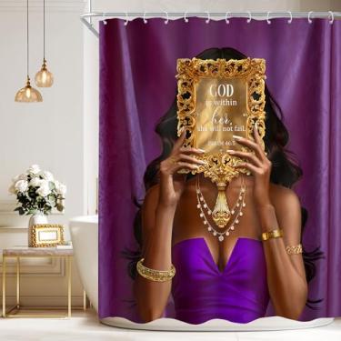 Imagem de Cinbloo Cortina de chuveiro afro-americana 60Wx72H Black Girl Golden Mirrow Purple Inspirational Quotes Modern Black Woman Fashion Girly Bathroom Curtain Set Afro Lady Bath Accessories Decor