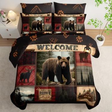 Imagem de AILONEN Conjunto de edredom queen rústico com urso, xadrez para caça de ursos e veados, cama de vida selvagem em uma bolsa, edredom caçador vermelho e preto, lençol de cima com elástico e 2 fronhas, 2