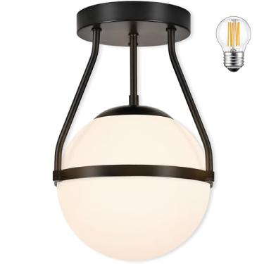 Imagem de Bagood Globe Luminária de teto de montagem semi embutida meados do século moderno 15 cm Globo luminária de teto com sombra de vidro de leite acabamento preto para sala de estar corredor cozinha ilha