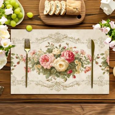 Imagem de Jogo americano clássico vintage rosa estampado em várias posições – lavável, perfeito para festas de fim de ano, decoração de casa, mesas de cozinha e celebrações de jantar retangulares