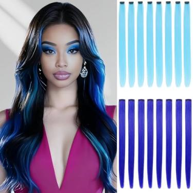 Imagem de 16 peças de extensões de cabelo coloridas com clipe de 56 cm liso - 8 azuis + 8 azul-petróleo para mulheres | Acessórios de cabelo sintético para Halloween, Natal, festa de aniversário e cosplay