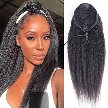 Imagem de Rabo de cavalo com cordão de cabelo humano liso virgem brasileiro 35,5 cm para mulheres negras com clipe reto e crespo em cabelo humano pedaços de extensão de rabo de cavalo preto natural