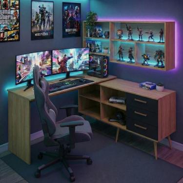 Imagem de Mesa Gamer Em L Para Computador Com 3 Gavetas Nexus Multimóveis Mp6048 Madeirado/preto