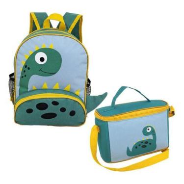 Imagem de Kit Mochila Infantil Lancheira Dinossauro Verde ou Gato Unissex Escola