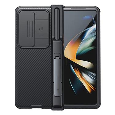 Imagem de KVIBEO Capa para Samsung Galaxy Z Fold 4, capa magnética com proteção de dobradiça com câmera deslizante, suporte e suporte de caneta S capa de couro para PC de negócios de luxo, preta
