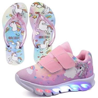 Imagem de Tenis Infantil De Led Unicornio Calce Facil Meninas LIGHT + Chinelo Cor:Rosa;Tamanho:34