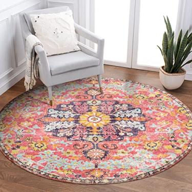 Imagem de Lahome Tapete redondo com medalhão floral boêmio – Tapete redondo pequeno, 91,5 cm, rosa choque para quarto de meninas, tapete de quarto de bebê, tapete de entrada macio lavável Boho para sala de