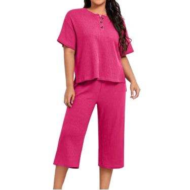 Imagem de JiniGolla Conjunto de pijama feminino waffle, manga curta, calça capri e pijama de duas peças com bolsos, Vermelho rosa, G