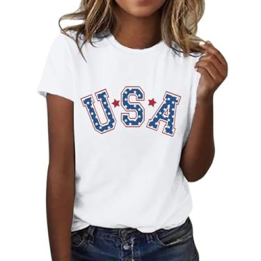 Imagem de Duobla Camisetas femininas de verão 2024 na moda 4 de julho camisetas com estampa de laço de cereja com coração fofo camiseta com letras engraçadas roupas modernas, A-2-branco, M