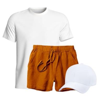 Imagem de Kit Conjunto Camiseta + Short Linho Premium Bermuda Masculina + Bone Aba Curva Moda Praia Luxo (BRANCO E CAQUI, M)