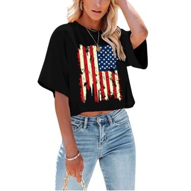 Imagem de Camiseta cropped feminina com bandeira americana EUA camiseta patriótica 4 de julho Memorial Day camiseta feminina cropped tops, Bandeira preta, M