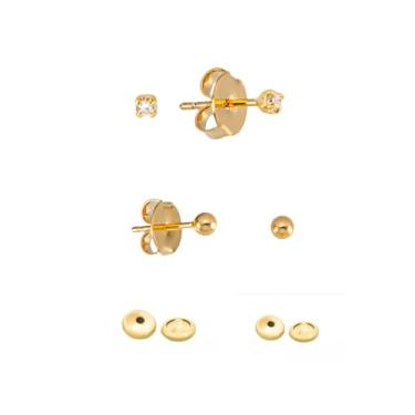 Imagem de kit com 2 pares de Brincos Infantis bebê recém nascido Pontos de Luz e Bolinhas Banhados a Ouro 18k