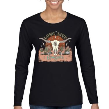 Imagem de Camiseta feminina manga longa Long Live Cowgirl Vintage Country Girl Western Rodeo Ranch Blessed and Lucky American Southwest, Preto, P