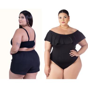 Imagem de Kit Short Feminino Plus Size Saída De Praia + Body Babado Ciganinha Co