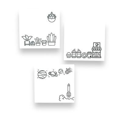 Imagem de A Brighter Year Pacote de notas adesivas Color Your Own Post-It - 3 blocos de notas adesivas - Notas autoadesivas de 7,6 cm x 7,6 cm - temas de café, plantas e espaço - escola, escritório, casa,