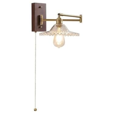 Imagem de Luminárias de parede japonesas vintage de latão vintage com interruptor de fio de puxar e base E26/E27, arandelas de parede em nogueira, vintage, para quarto, sala de jantar, luz de parede p