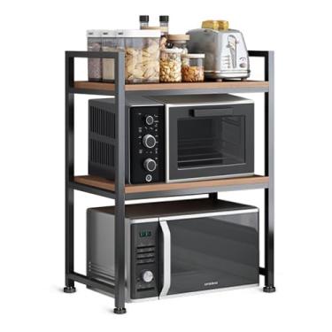 Imagem de Suporte de micro-ondas ZrgGea, prateleira de micro-ondas resistente de 3 camadas para organizador de bancada de prateleiras de cozinha. Aço carbono, painel de madeira, rack de cozinha resistente e não