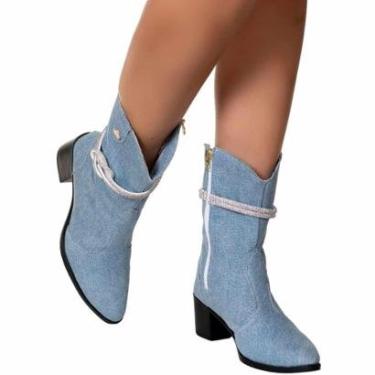 Imagem de Bota Western Jeans Texana Country Strass Tamanho:35;Genero:Feminino;Cor:-Feminino