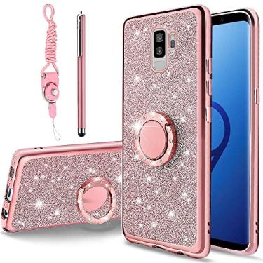 Imagem de B-wishy Capa protetora para Samsung Galaxy S9 Plus Glitter Cristal Borboleta Coração Floral Slim TPU Luxo Bling Fofa com Suporte + Alça para Samsung Galaxy S9 Plus (Rosa Glitter)