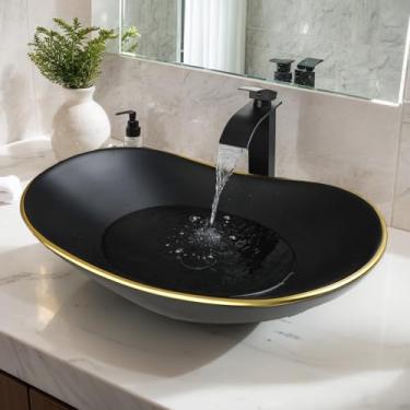 Imagem de Sinku Mccut Pia de banheiro preta fosca de cerâmica com acabamento dourado, pia oval de vaso de porcelana com torneira e combinação de dreno, tigela de pia acima do balcão