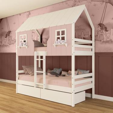 Imagem de Beliche Casinha Encantada com 02 Gavetas Madeira Maciça Rosa/ Branco Megamobilia