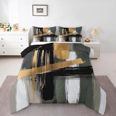 Imagem de Feelyou Conjunto de edredom de arte abstrata para crianças, solteiro, geométrico, para meninos, meninas, adolescentes, dourado, arte moderna, decoração de quarto, respirável, macio, microfibra leve, 3