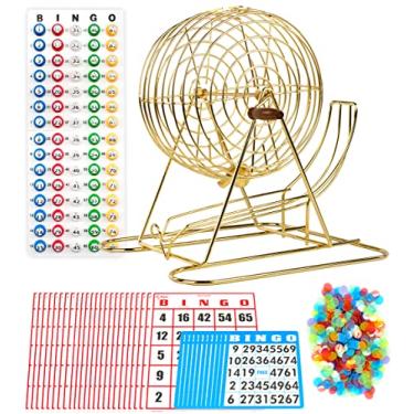 Imagem de Regal Games - Gaiola de bingo de festa dourada de 28 cm – Inclui 50 cartões reutilizáveis jumbo, 18 cartões de bingo padrão, 150 fichas, quadro mestre, 75 bolas de bingo – para jogos em grupo, bingo e atividades de feriado