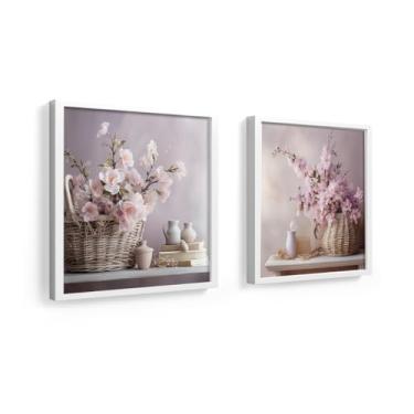 Imagem de kit 2 quadros decorativos banheiro, lavabo, toalete, flores, magenta, vasos, moldura vidro 18x18 cm (Branco)