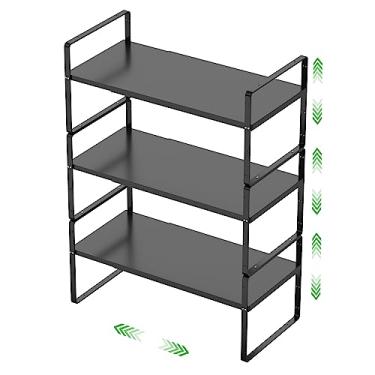 Imagem de SOFRON Prateleira expansível de armazenamento empilhável para cozinha, banheiro, despensa, temperos, armário, bancada, escritório, resistente, antiderrapante, preto, grande, pacote com 3