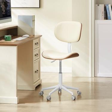 Imagem de Bestier Cadeira de escritório em casa com suporte para as costas Bentwood, cadeira de mesa sem braços com rotação de 360°, cadeira de computador ajustável em altura com rodas, cadeira moderna de couro