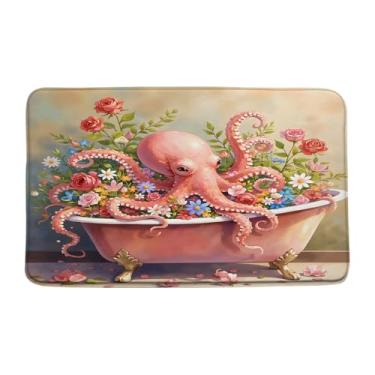 Imagem de ZNLSU Tapete de banho de polvo engraçado rosa oceano animal polvo flores coloridas na banheira vintage bonito tapete de decoração de banheiro capacho tapete de chão de vaso sanitário, 48 x 75