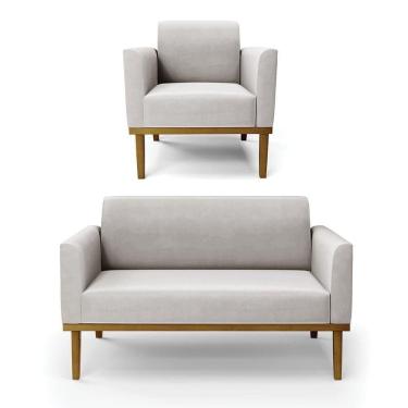 Imagem de Sofá Namoradeira Com Poltrona Base De Madeira Fixa Castanho Marisa Veludo Cinza D03 - D?rossi