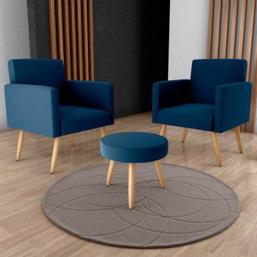 Imagem de Conjunto p/ Sala Dallas 2 Poltronas Decorativas e 1 Puff Veludo Azul - Matrix