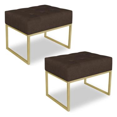 Imagem de Kit 02 Puffs Lisa Suede Base Metálica Industrial Dourado Marrom