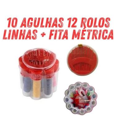 Imagem de Kit Costura 10 Agulhas 12 Rolos Linhas Fita Métrica Portátil Seguro Vi