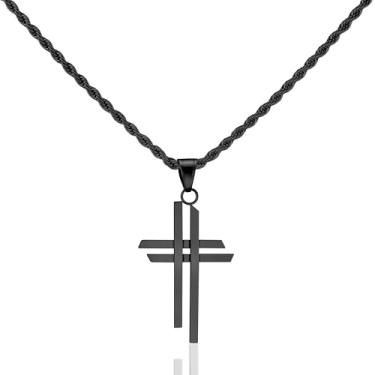 Imagem de Colar de cruz banhado a ouro para homens, colares de aço inoxidável com cruz dupla para mulheres, pingente moderno de crucifixo de aço inoxidável com corrente de 53 cm, Aço inoxidável, Sem Pedra