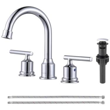 Imagem de WOWOW Torneira cromada para pia de banheiro com 3 furos, torneira para pia de latão de 20 cm, torneira para pia de banheiro com 2 alças de altura com ralo e mangueiras